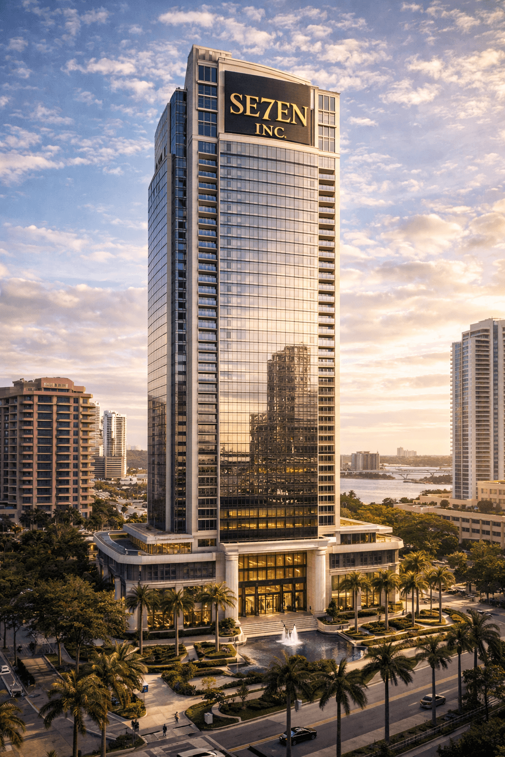 SE7EN INC. logo on a sky scraper